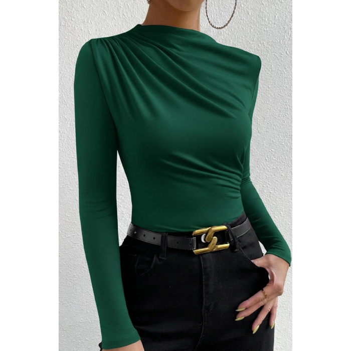 MARSiLYAN- Kadın Yeşil Belden ve Boyundan Büzgü Detaylı Uzun Kollu Bluz