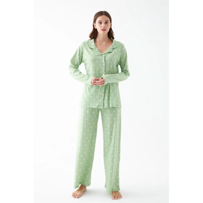 MARSiLYAN- Kadın Yeşil Kalp Desenli Düğmeli Pamuklu Pijama Takımı