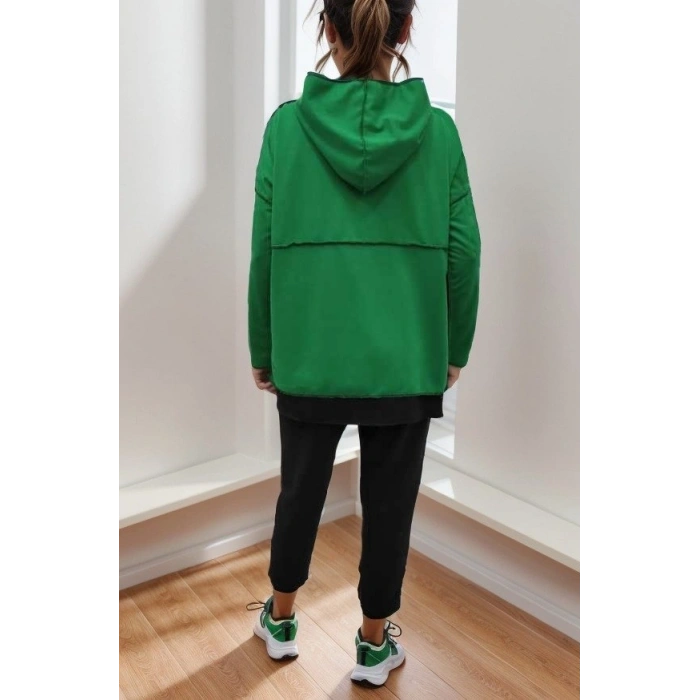 MARSiLYAN- Kadın Yeşil Kapşonlu Etek Ucu Detay Arma Ters Dikiş Gorunumlu Ikili Takım