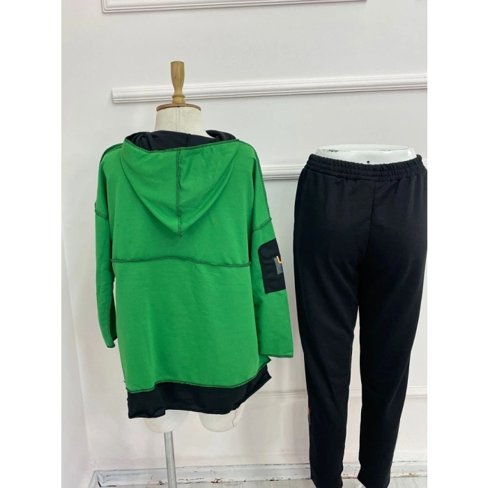 MARSiLYAN- Kadın Yeşil Kapşonlu Etek Ucu Detay Arma Ters Dikiş Gorunumlu Ikili Takım