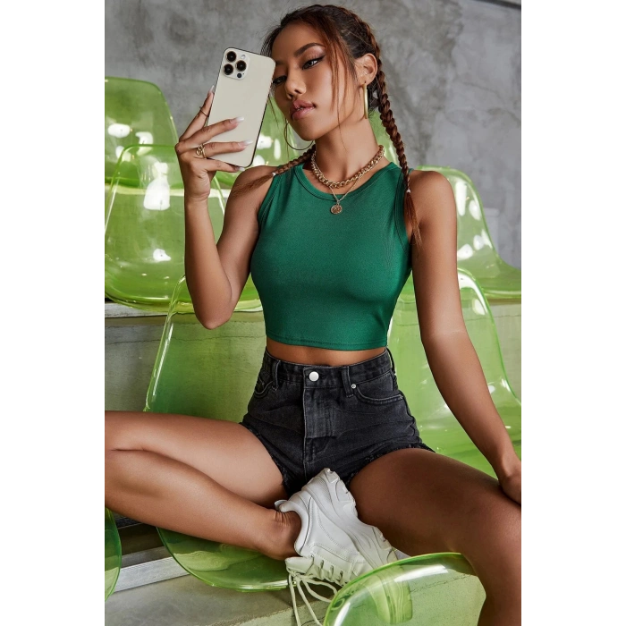 MARSiLYAN- Kadın Yeşil Kare Yaka Crop Top Bluz