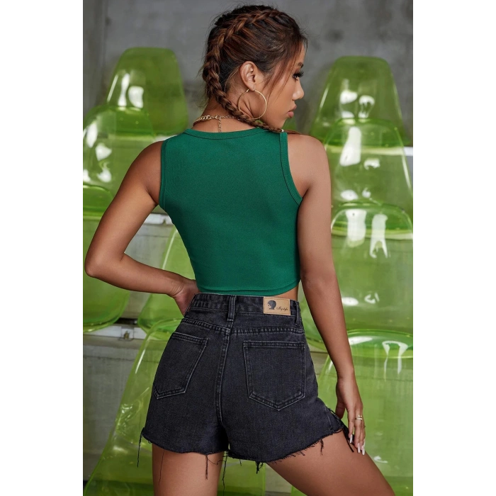 MARSiLYAN- Kadın Yeşil Kare Yaka Crop Top Bluz