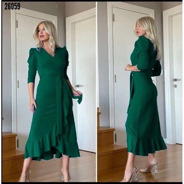 MARSiLYAN- Kadın Yeşil Krep Kumaş Midi Boy Kuşaklı Uzunkol Elbise