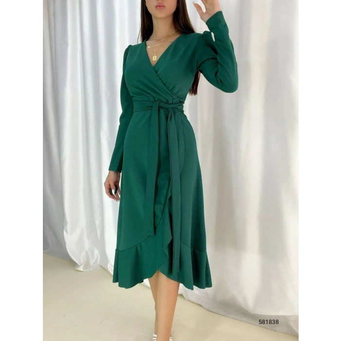 MARSiLYAN- Kadın Yeşil Krep Kumaş Midi Boy Kuşaklı Uzunkol Elbise