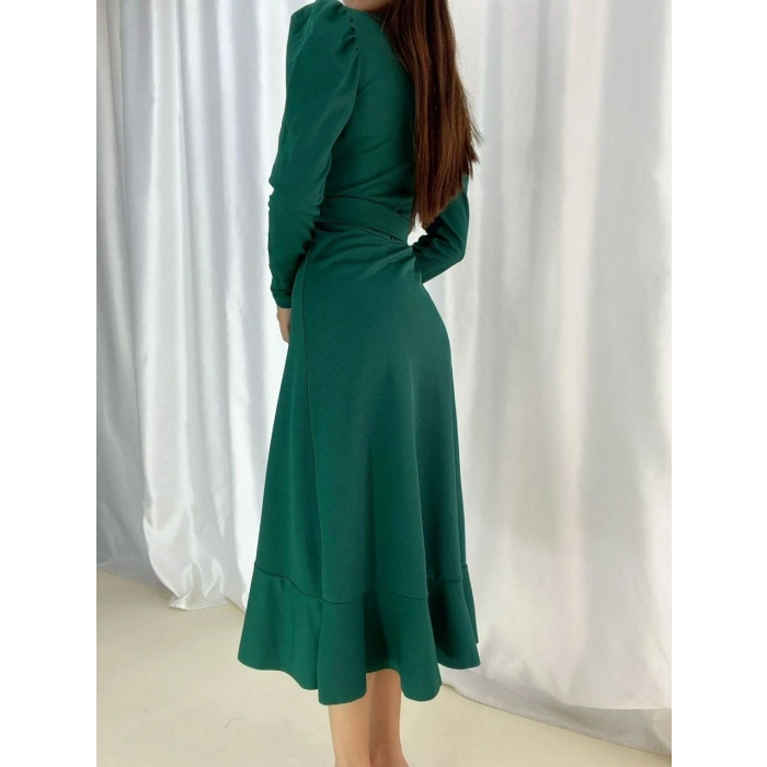 MARSiLYAN- Kadın Yeşil Krep Kumaş Midi Boy Kuşaklı Uzunkol Elbise