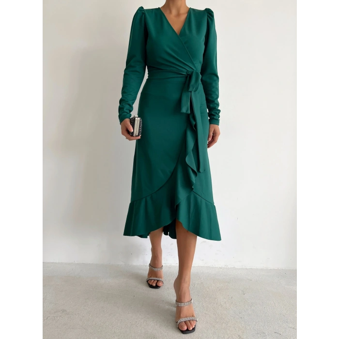 MARSiLYAN- Kadın Yeşil Krep Kumaş Midi Boy Kuşaklı Uzunkol Elbise
