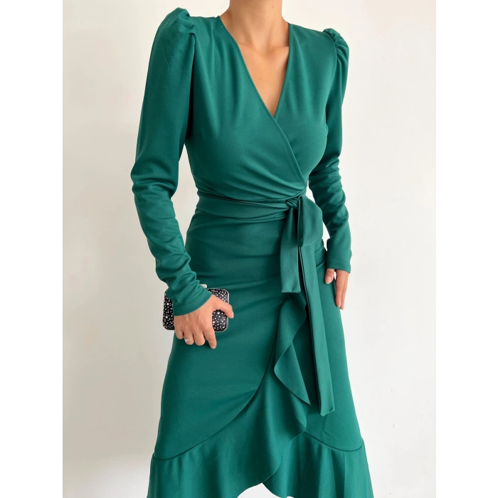 MARSiLYAN- Kadın Yeşil Krep Kumaş Midi Boy Kuşaklı Uzunkol Elbise