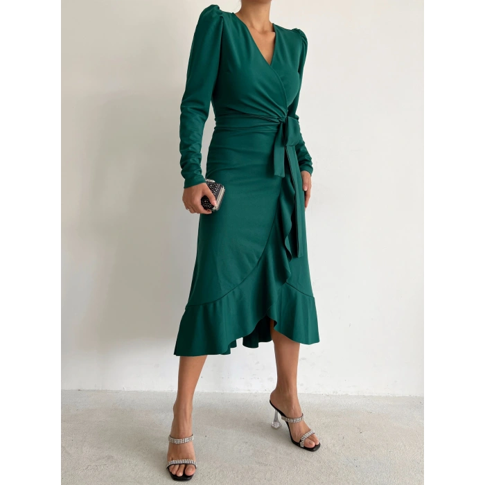 MARSiLYAN- Kadın Yeşil Krep Kumaş Midi Boy Kuşaklı Uzunkol Elbise