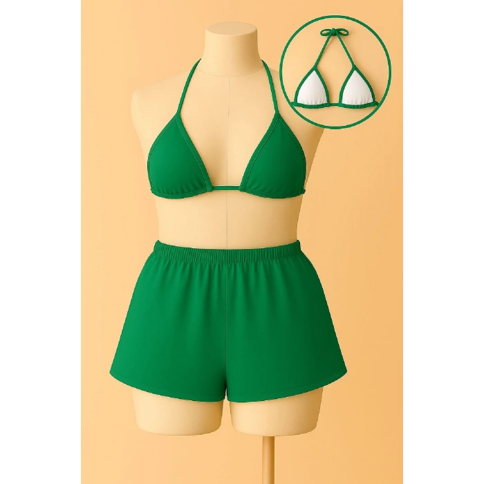 MARSiLYAN- Kadın Yeşil Şortlu Belden ve Boyundan Bağlamalı Bikini Takımı