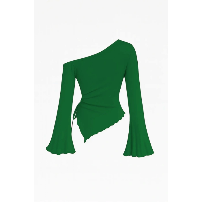 MARSiLYAN- Kadın Yeşil Uzun İspanyol Kollu Asimetirik Yaka Yandan Bağlamalı Drapeli Bluz