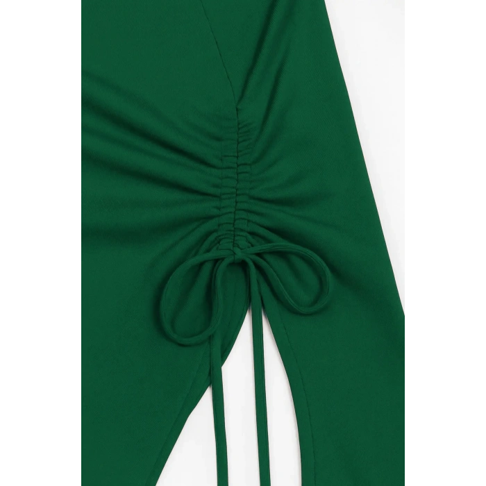 MARSiLYAN- Kadın Yeşil Uzun İspanyol Kollu Asimetirik Yaka Yandan Bağlamalı Drapeli Bluz