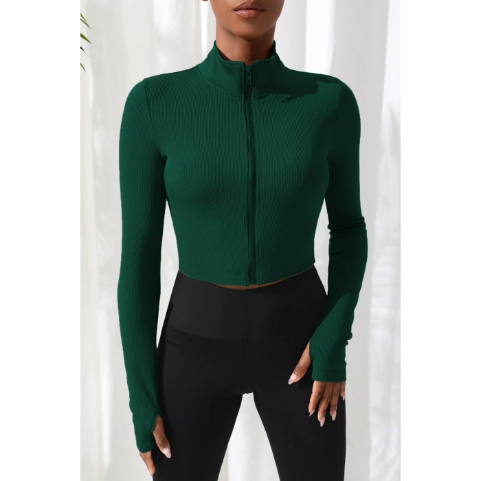 MARSiLYAN- Kadın Yeşil Uzun Kol Fermuarlı Parmak Geçme Detaylı Dik Yaka Crop Top Bluz