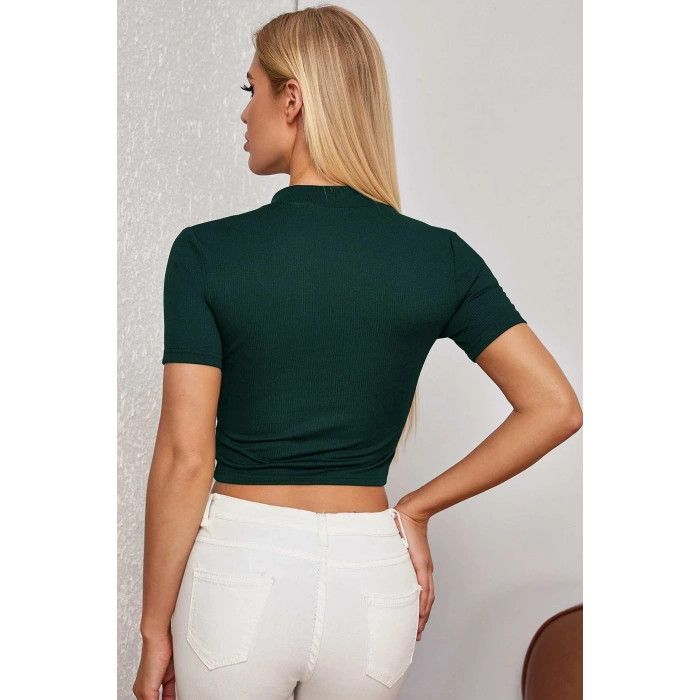MARSiLYAN- Kadın Yeşil Yarım Fermuarlı ve Kısa Kollu Crop Top Bluz