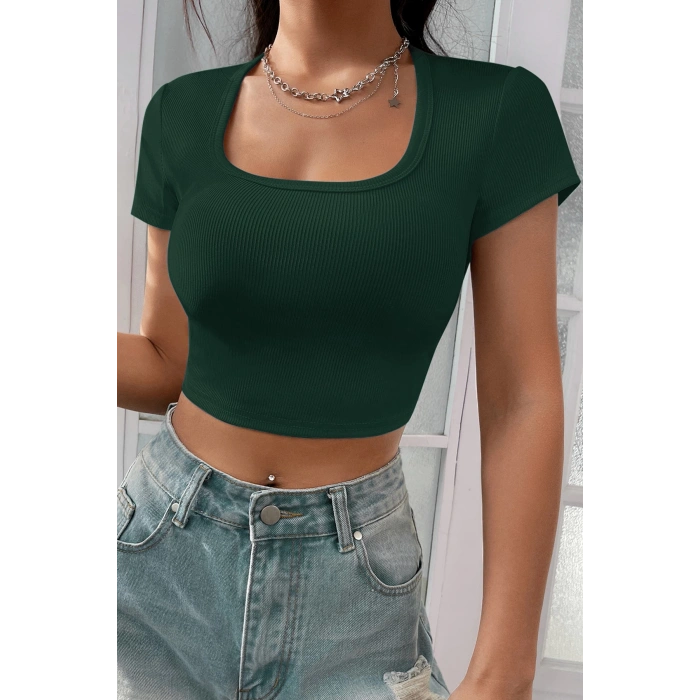 MARSiLYAN- Kadın Yeşil Yarım Kol Düz Yaka Crop Top Bluz