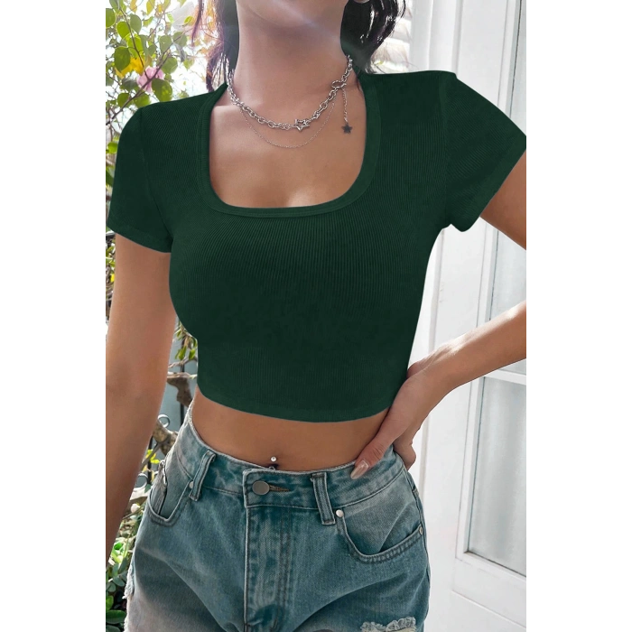 MARSiLYAN- Kadın Yeşil Yarım Kol Düz Yaka Crop Top Bluz