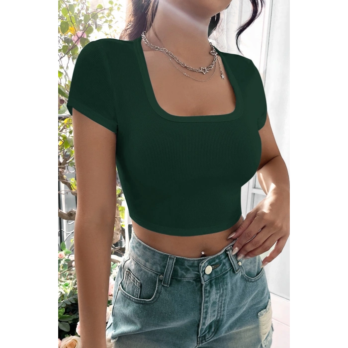 MARSiLYAN- Kadın Yeşil Yarım Kol Düz Yaka Crop Top Bluz