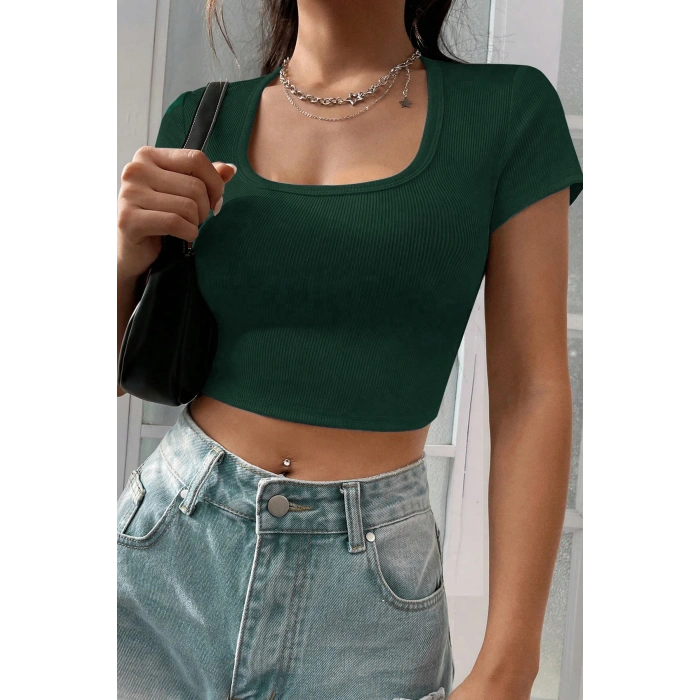 MARSiLYAN- Kadın Yeşil Yarım Kol Düz Yaka Crop Top Bluz