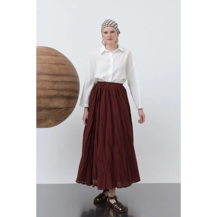 MARSiLYAN- Kadın Yüksek Bel Arkadan Fermuarlı Kırışık Geniş Kesimli Vural Etek