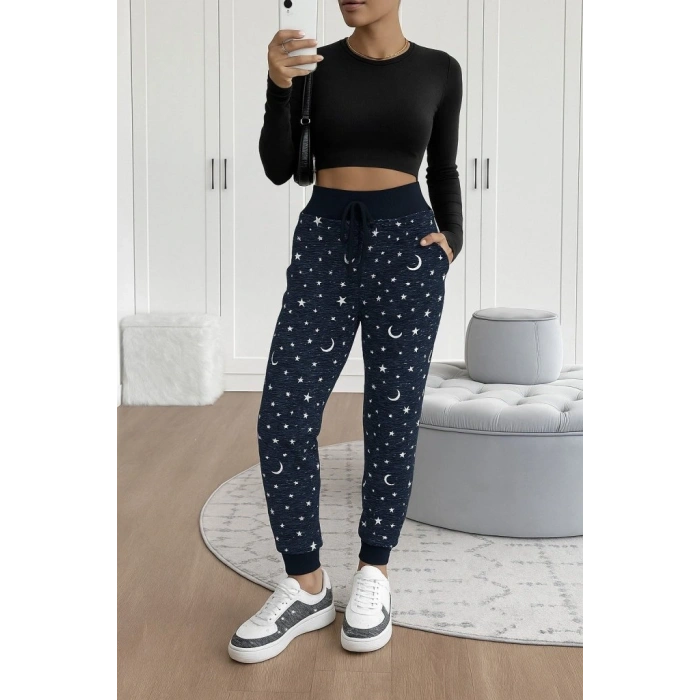 MARSiLYAN- Kadın Yüksek Bel Bağcıklı Desenli Iki Iplik Pantolon