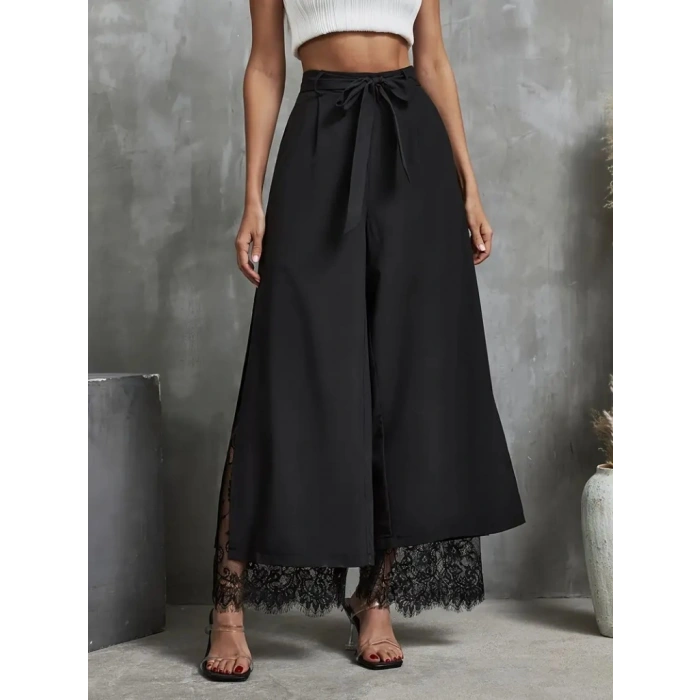 MARSiLYAN- Kadın Yüksek Bel Belden Kuşaklı üst Dalgıç Alt Dantel Detaylı Dalgıç Pantolon