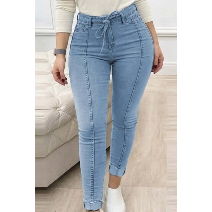 MARSiLYAN- Kadın Yüksek Bel Belden Kuşaklı Yırtık Detaylı Kot Pantolon