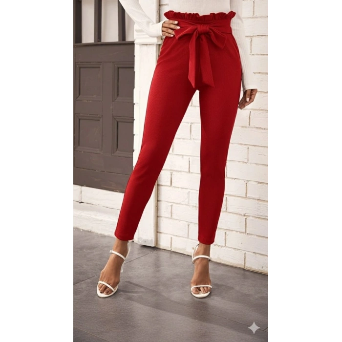MARSiLYAN- Kadın Yüksek Bel Beli Fırfırlı önden Bağlamalı Ithal Krep Pantolon
