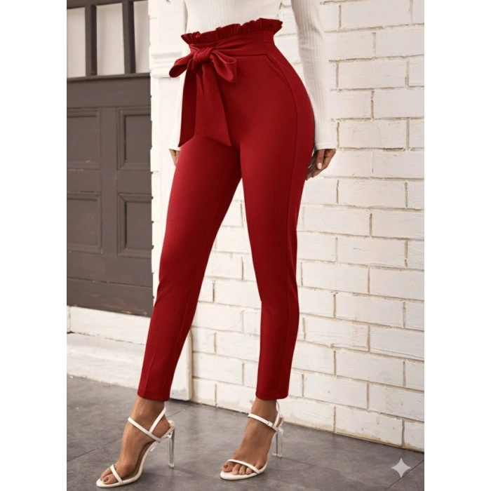 MARSiLYAN- Kadın Yüksek Bel Beli Fırfırlı önden Bağlamalı Ithal Krep Pantolon