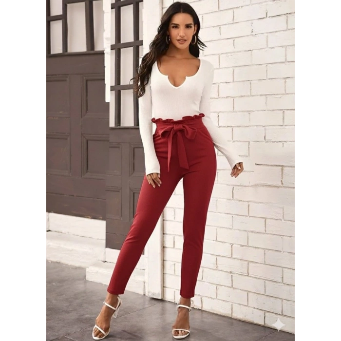 MARSiLYAN- Kadın Yüksek Bel Beli Fırfırlı önden Bağlamalı Ithal Krep Pantolon