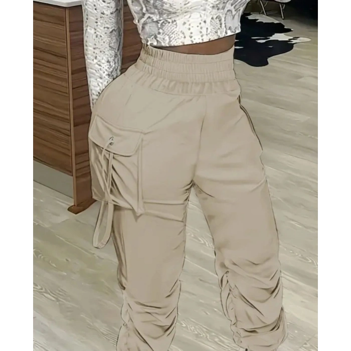 MARSiLYAN- Kadın Yüksek Bel Beli Lastikli Kargo Cep Detaylı Gabardin Pantolon