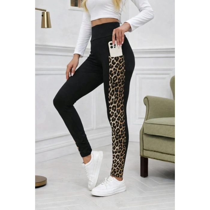 MARSiLYAN- Kadın Yüksek Bel Cep Detaylı Leopar Desenli Dalgıç Tayt