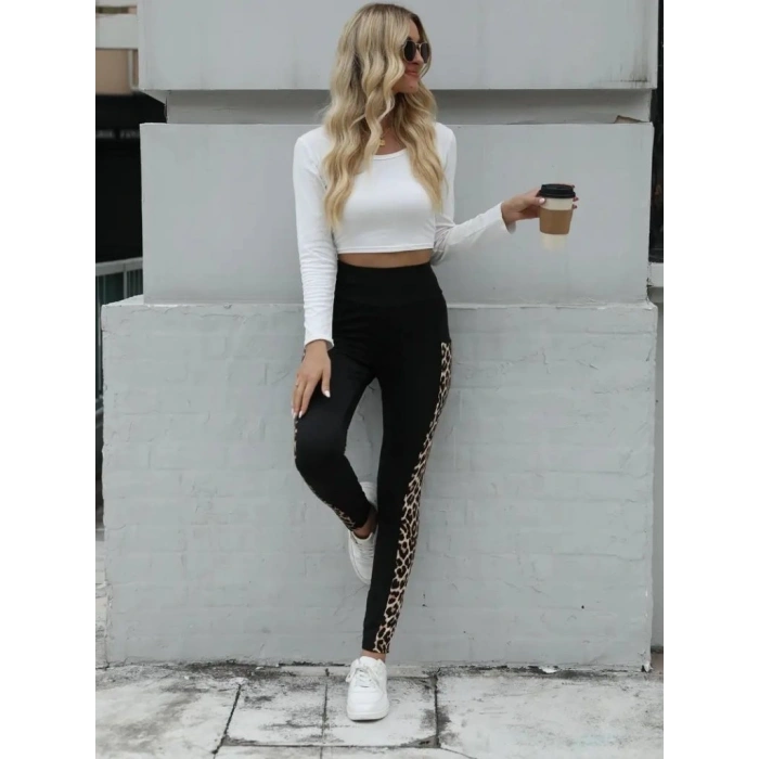 MARSiLYAN- Kadın Yüksek Bel Cep Detaylı Leopar Desenli Dalgıç Tayt