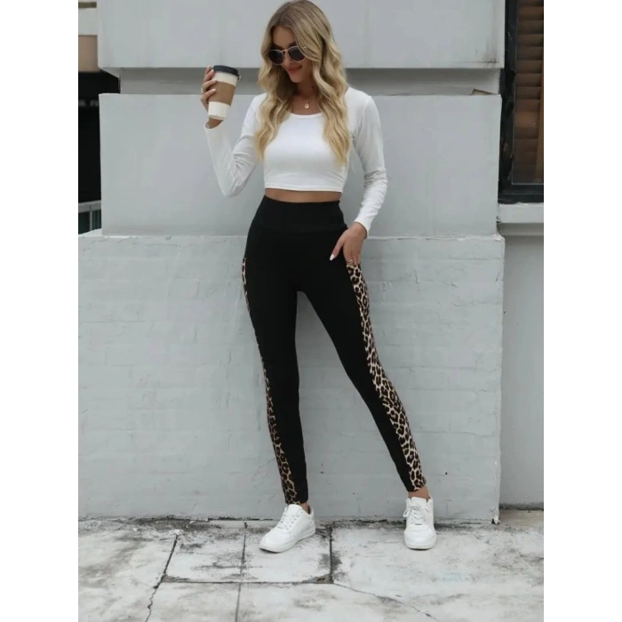 MARSiLYAN- Kadın Yüksek Bel Cep Detaylı Leopar Desenli Dalgıç Tayt