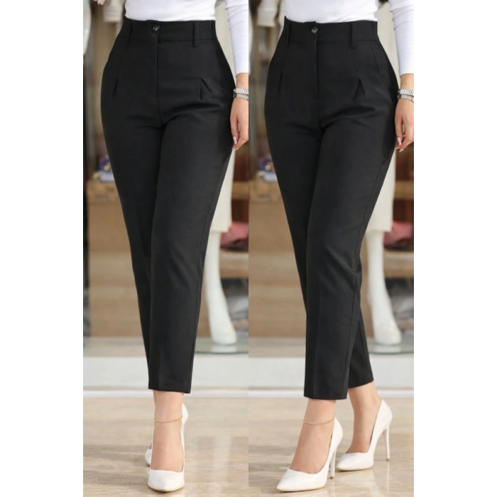 MARSiLYAN- Kadın Yüksek Bel Cepli Paça Ağzı Pile Detaylı Ithal Krep Pantolon