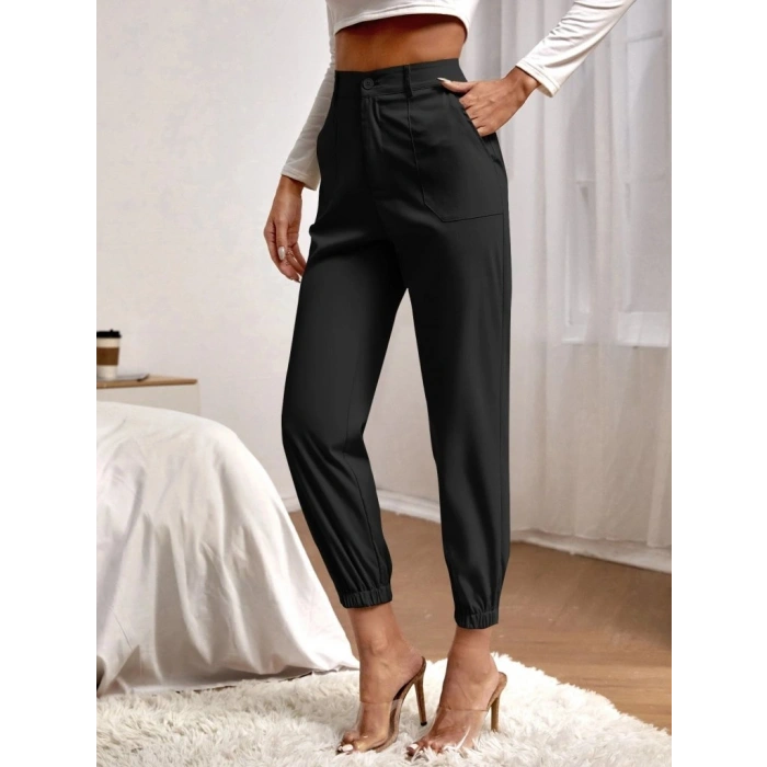 MARSiLYAN- Kadın Yüksek Bel Cepli Paçası Lastikli Ithal Krep Pantolon