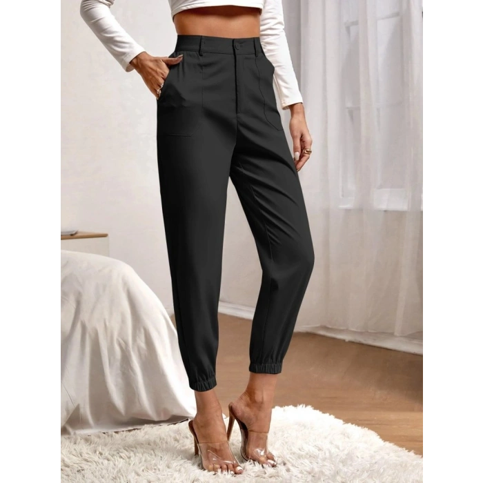 MARSiLYAN- Kadın Yüksek Bel Cepli Paçası Lastikli Ithal Krep Pantolon