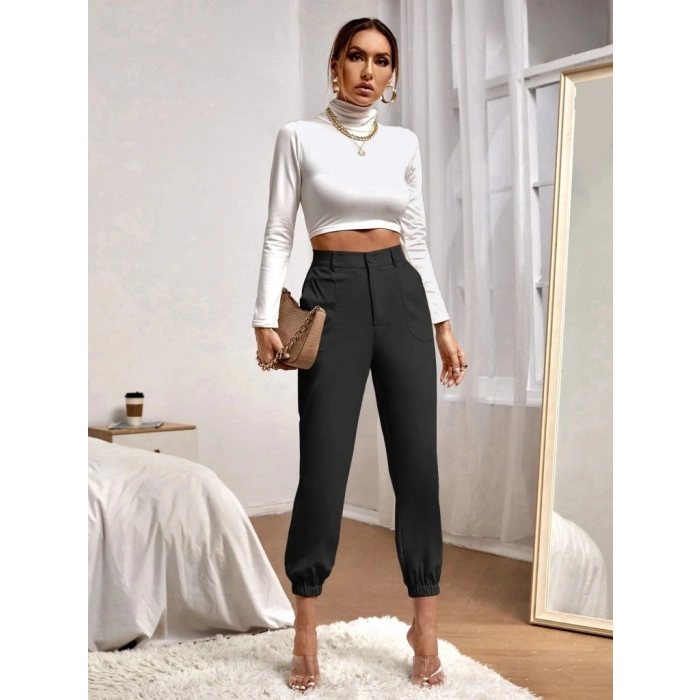 MARSiLYAN- Kadın Yüksek Bel Cepli Paçası Lastikli Ithal Krep Pantolon