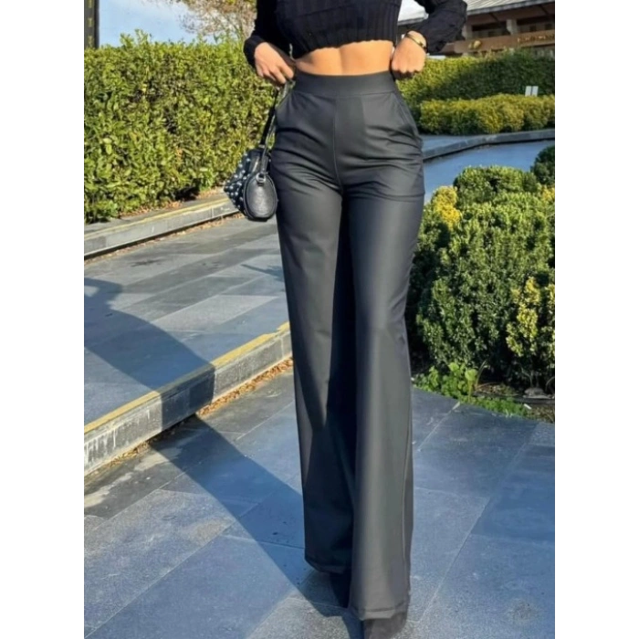 MARSiLYAN- Kadın Yüksek Bel Cepli şardonlu Geniş Paçalı Mat Deri Pantolon