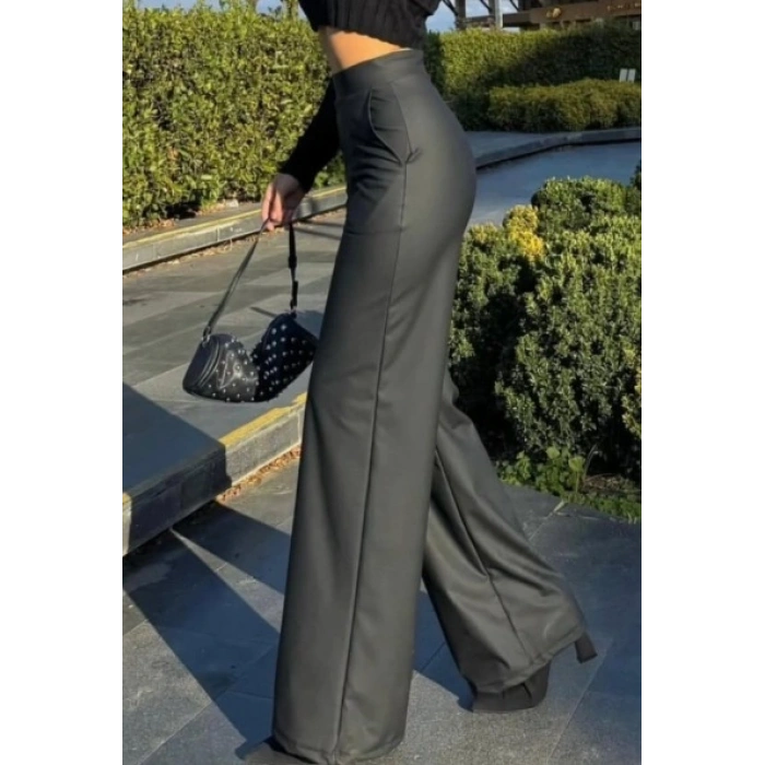 MARSiLYAN- Kadın Yüksek Bel Cepli şardonlu Geniş Paçalı Mat Deri Pantolon