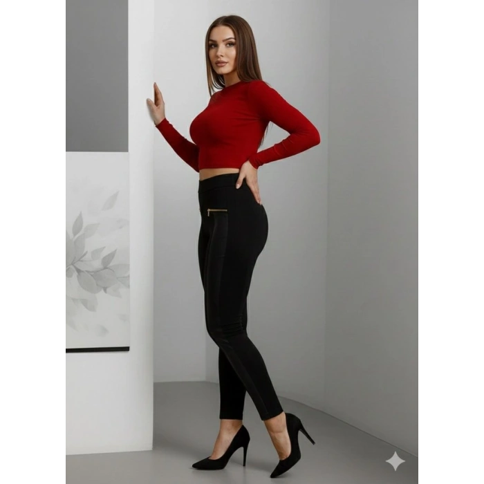 MARSiLYAN- Kadın Yüksek Bel Deri Detaylı Fermuarlı Dalgıç Tayt