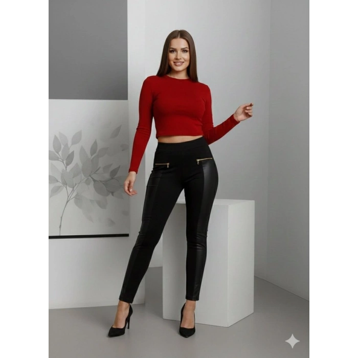 MARSiLYAN- Kadın Yüksek Bel Deri Detaylı Fermuarlı Dalgıç Tayt