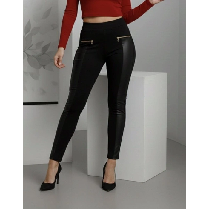 MARSiLYAN- Kadın Yüksek Bel Deri Detaylı Fermuarlı Dalgıç Tayt