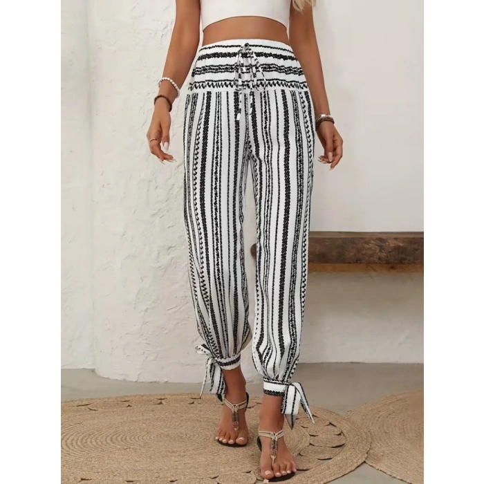 MARSiLYAN- Kadın Yüksek Bel Desenli Paçadan Bağlamalı Yanları Yırtmaçlı Süprem Pantolon