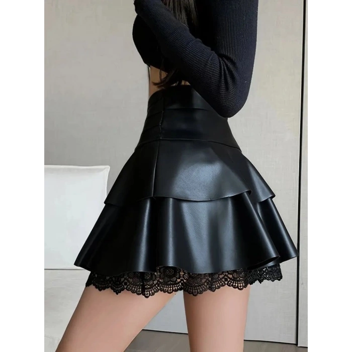 MARSiLYAN- Kadın Yüksek Bel Fırfırlı Dantelli Kısa Deri Etek