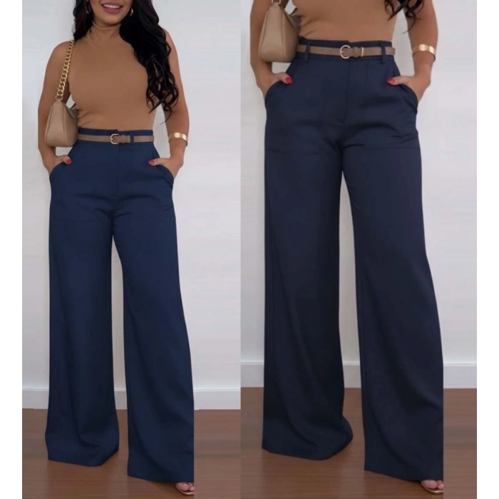 MARSiLYAN- Kadın Yüksek Bel Geniş Paça Detaylı Cepli Ithal Krep Pantolon