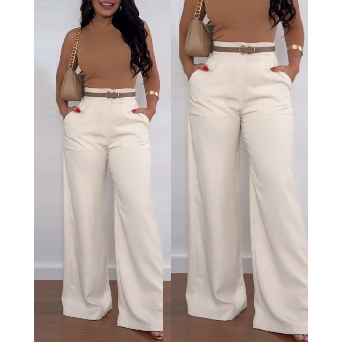 MARSiLYAN- Kadın Yüksek Bel Geniş Paça Detaylı Cepli Ithal Krep Pantolon