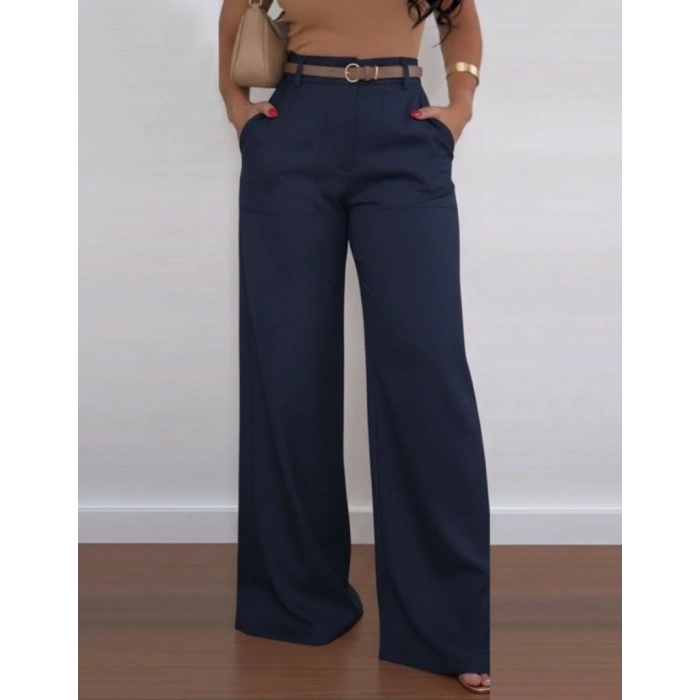 MARSiLYAN- Kadın Yüksek Bel Geniş Paça Detaylı Cepli Ithal Krep Pantolon