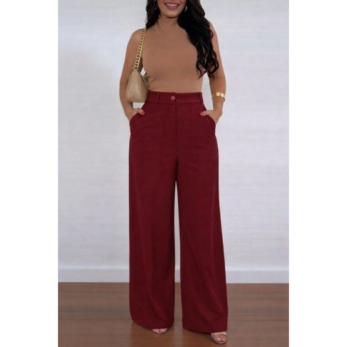 MARSiLYAN- Kadın Yüksek Bel Geniş Paça Detaylı Cepli Ithal Krep Pantolon