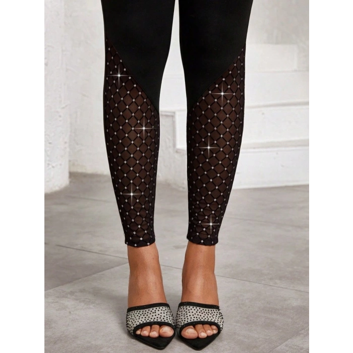 MARSiLYAN- Kadın Yüksek Bel ışıltılı Tül Geometrik Detaylı Dalgıç Tayt