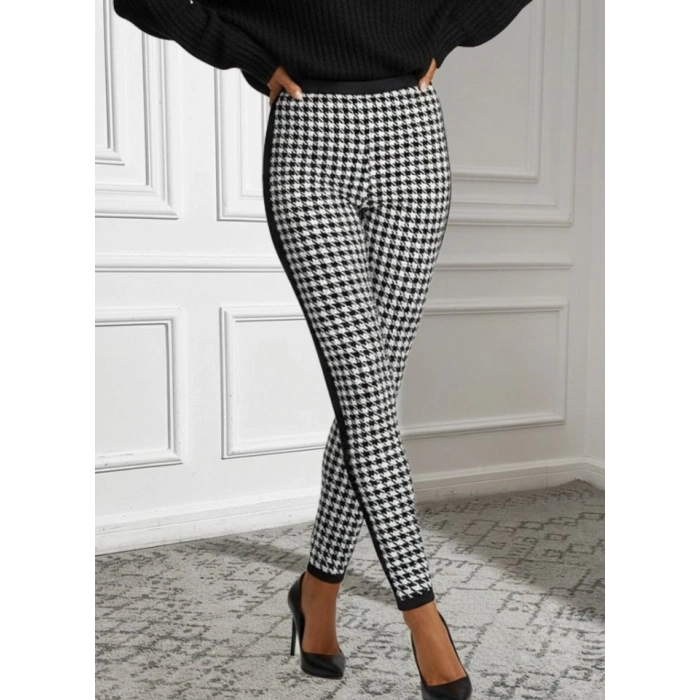 MARSiLYAN- Kadın Yüksek Bel Kaz Ayağı Desenli Yanları şeritli Dalgıç Pantolon