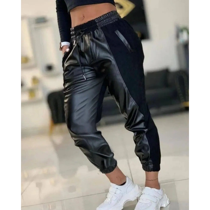 MARSiLYAN- Kadın Yüksek Bel Lastikli Cepli Deri Detaylı Dalgıç Pantolon